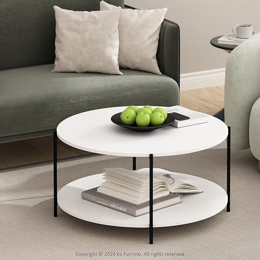 Furinno BESI Coffee Table, 2-Tier Round Modern Coffee Table with Metal Legs, Metal Frame Side Table with Open Shelf, for Living Room, Bedroom, Home Office, White