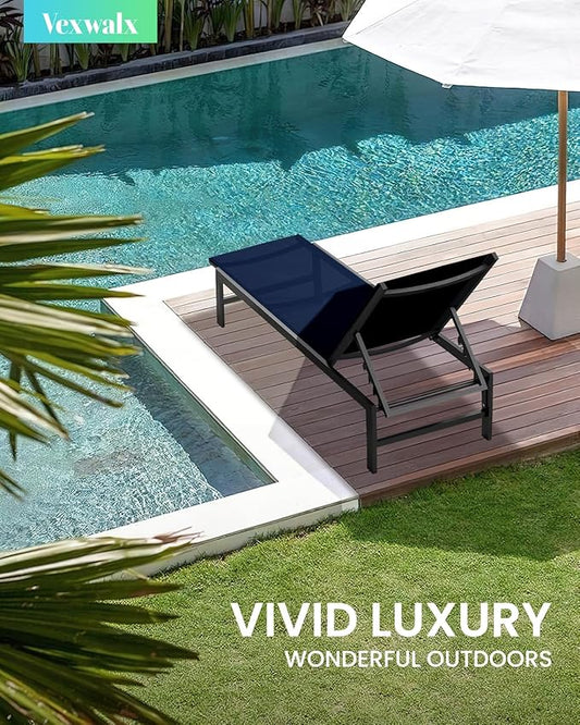 Outdoor Lounge Chairs for Pool, Aluminum Chaise Lounge Chairs with 5-Position Recliner, Patio Lounge Chair for Backyard, Poolside, Deck, Lawn, Navy Blue