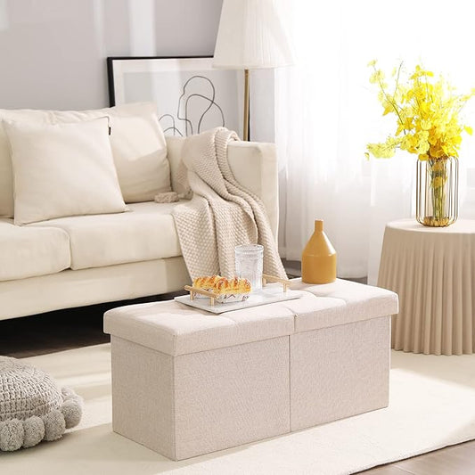 CUYOCA Storage Ottoman Bench Foldable Seat Footrest End of Bed Ottoman with Flipping Lid for Living Room, 75L, 30 inches Linen Fabric Beige