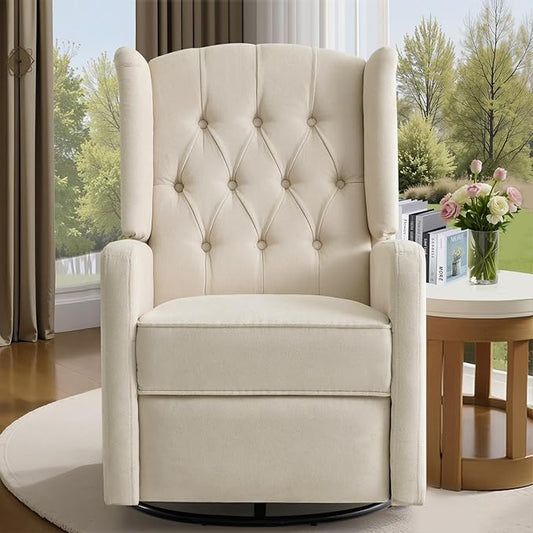 ABAKAN Swivel Rocker Recliner Chair, 360 Degree Nursery Rocking Recliner, Linen Glider Chair with Button Tufted Wingback Chair, for Living Room, Bedroom,Ash Beige
