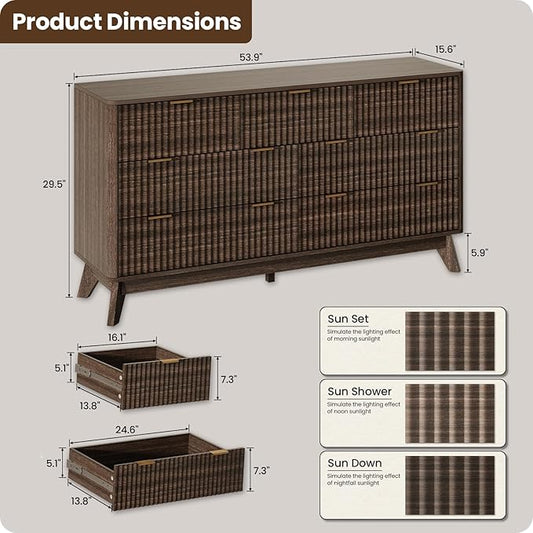 54'' Wide 7 Drawers Dresser for Bedroom,Modern Fluted Vertical Chest with Rounded Corners,Fluted Dresser for Living Room,Hallway, Walnut