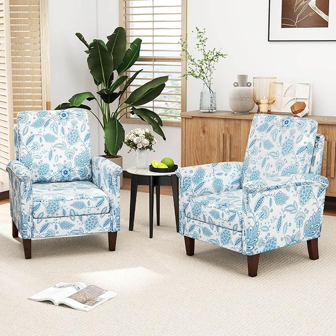 GOFLAME Floral Accent Chair, Comfy Upholstered Armchair with Rubber Wood Legs and Thick Padded Cushion, High Back Single Sofa Chair, Reading Side Chair for Living Room, Bedroom, Blue
