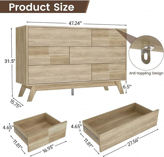 Hadulcet Fluted 6 Drawers Dresser for Bedroom, Modern Minimalist Style, 47” Wide Handleless Chest of Drawers, Wooden Dresser TV Stand, Closet Clothes Storage Organizer for Hallway, Natural Oak