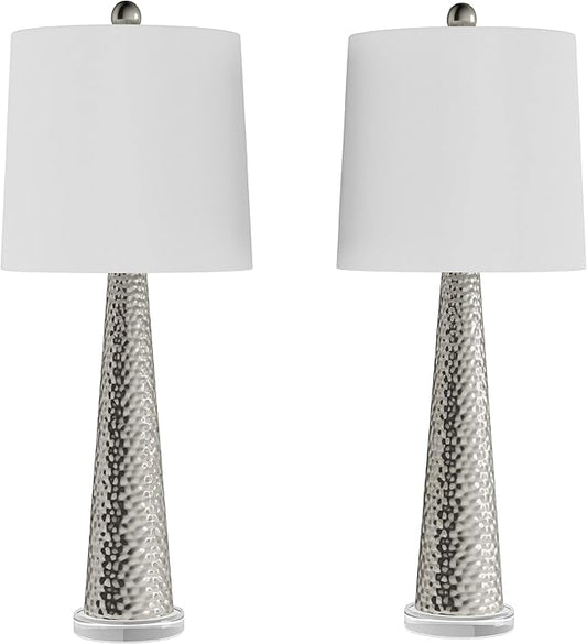 Lavish Home 30 Inch Table Lamps Set of 2 Contemporary Hammered Glass Lights for Bedroom, Living Room, and Office with Energy-Efficient LED Bulbs (Silver)