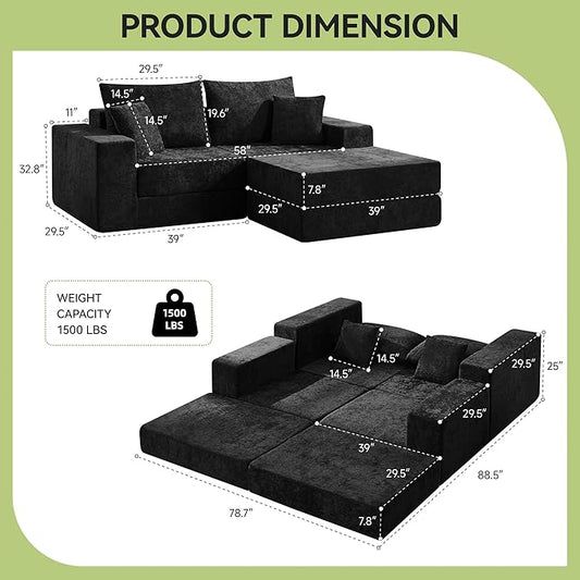 79" Boneless Cloud Loveseat Sofa Couch, Modular Foldable Floor Sofa with Ottoman, Chenille Lounge Convertible Sofa Bed for Living Room, No Assembly, Black