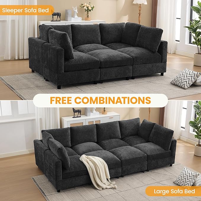 Modular Sectional Cloud Sofa Bed, 8-Seater Convertible Sofa Couch with Ottoman, Modern Deep Seat Sleeper Sofa for Living Room, Chenille Dark Grey