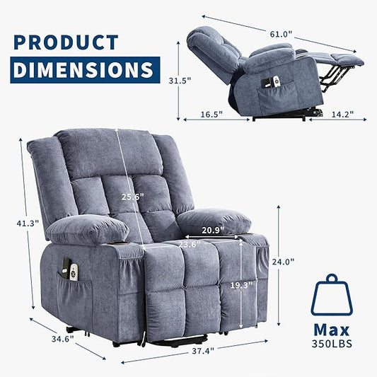 Large Power Lift Recliner Chair for Elderly Overstuffed Wide Electric Lift Chair with Heat and Massage for Big and Tall Adults Reclining Sofa Chair with 2 Cup Holders, Side Pocket, USB Port, Blue