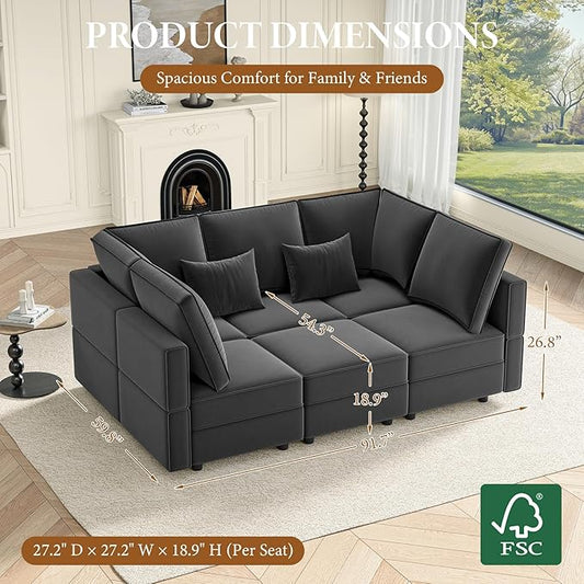Vesgantti Sectional Sleeper Sofas with Storage, 92" Sofa Bed with 6 Seats Storage Chaises Removeble Cover, Deep Seat Modular Couches Velvet Couch Set for Living Room, Apartment, Home Theatre, Gray