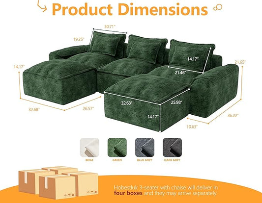 Hobestluk 120" Cloud Modular Sectional Couch 3-Seater Sofa with Ottomans U Shaped Couch Deep Seat Sofa with Removable Cover Large Sofa for Living Room (Green, 3-Seater Sofa with Two Ottomans)