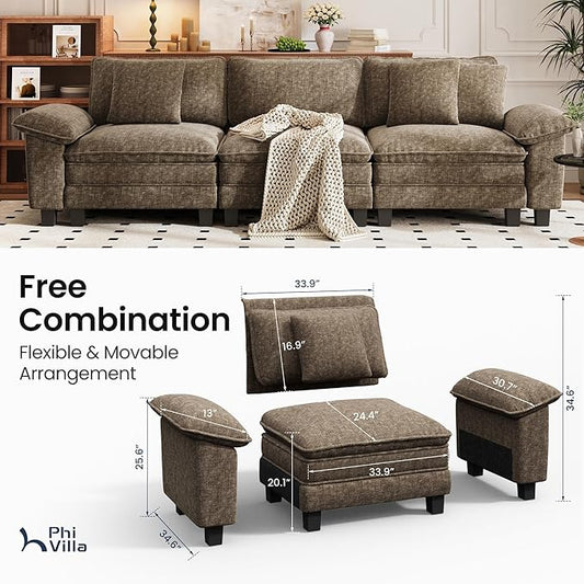 PHI VILLA Modern Modular Couches Sets, 123.6" Cloud Sectional Sofa with Upholstered Deep Seat, 3-Seater Couch for Living Room Small Spaces, Chenille Fabric, Taupe