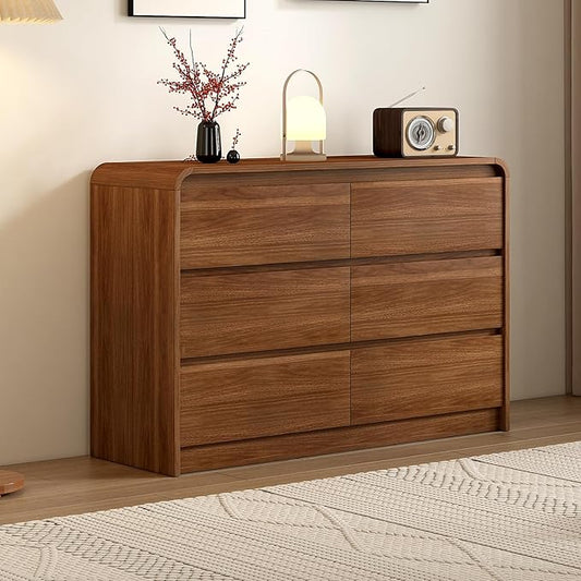 6 Drawer Dresser For Bedroom 55 Inch Wood Chest of Drawers - Curved Anti Collision, Mid Century Dresser For Closet with Natural Texture & Pre-Embedded Slots for TV Stand, Living Room, Nursery