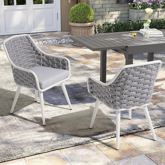 SUNSITT Outdoor Dining Chairs Set of 2, Metal Outdoor Patio Dining Chairs with Weather-Resistant Cushions, Woven Rope Chairs Outdoor with Armrest Light Grey Outdoor Furniture Chairs for Backyard