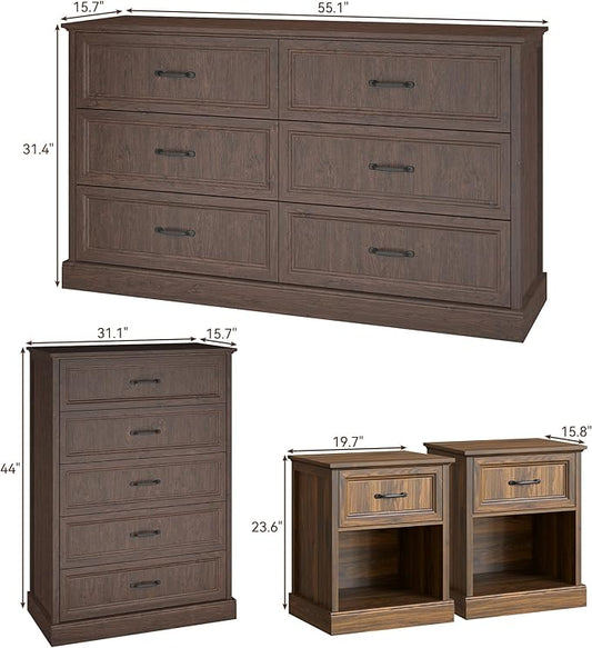 Bedroom Dresser and Nightstand Sets 4 Piece, Farmhouse 6 Drawers Dresser & 44" Tall Chest of Drawers, 23" Nightstands Set of 2, 55" Wide Furniture Dressers for Bedroom, Living Room, Brown