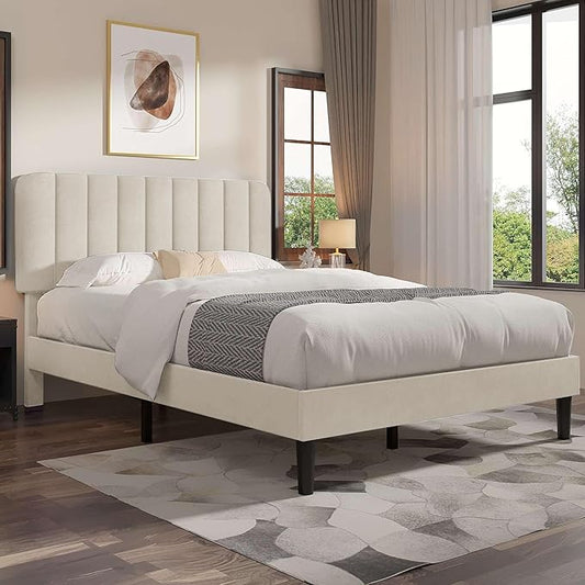 VECELO Full Size Bed Frame with Upholstered Headboard, Velvet Platform Bedframe Mattress Foundation, Strong Wood Slat Support, No Box Spring Needed,Velvet Beige
