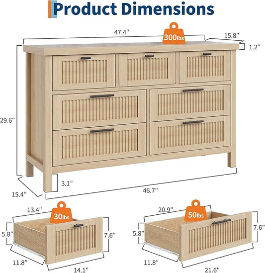 GarveeHome Fluted 7 Drawer Dresser for Bedroom, 47.4 in Wide Mid Century Modern Chest of Drawers, Wooden Fluted Dresser Chest with Clothes Storage Cabinet, Organizer for Bedroom, Living Room, Natural