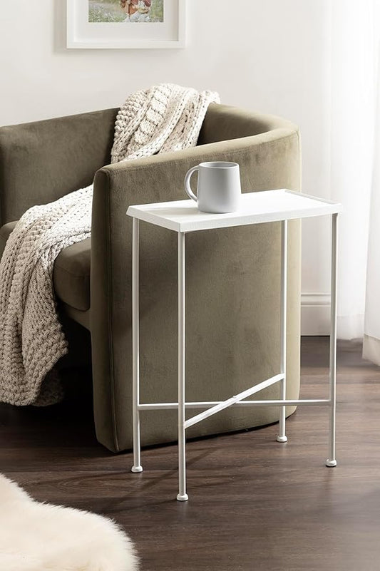 Kate and Laurel Sanzo Transitional Metal Skinny Side Table, 17 x 9 x 24, White, Rectangular Slim Bedroom Nightstand with Hammered Tabletop for Use as Bedside Accent or Living Room End Table