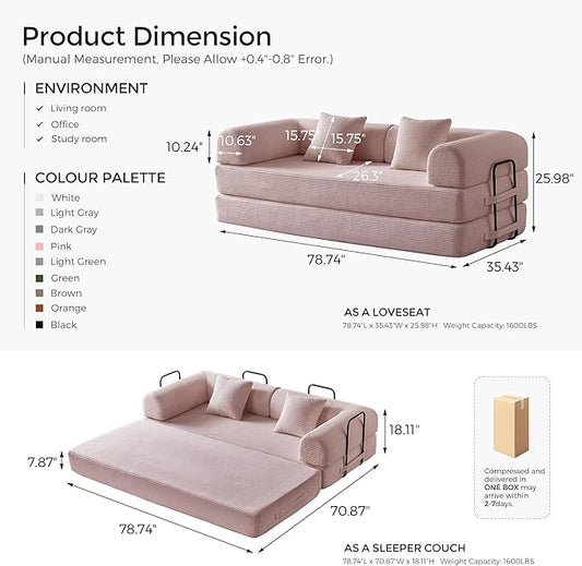79" Convertible Sofa Bed with Fixed-Shape Frame & Removable Armrests, Modular Corduroy Sleeper Sofa, Folding Mattress Couch for Small Spaces - No Assembly Needed in Pink (Includes 2 Pillows)