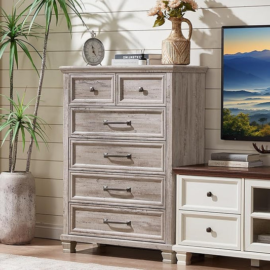 Farmhouse Bedroom Dresser and Nightstand Set of 4, 6 Drawer Tall & 5 Drawers Dresser & 2 Drawer Nightstand Set, Rustic Wood Bedroom Furniture Set for Livingroom, Hallway, Grey