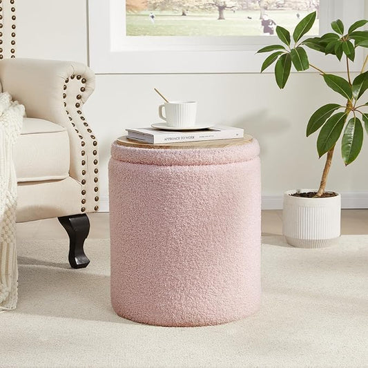Royal Windsor Boucle Round Ottoman with Storage Set of 2,Small Foot Stool Ottoman for Living Room, Small Coffee Table,Vanity Stool with Storage for Bedroom, Pink