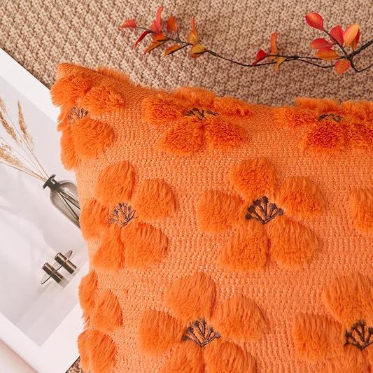 Kevin Textile Fall Floral Pillow Covers 18x18 Inch Set of 2 Cute Flowers Embroidery Decor Soft Plush Faux Fur Throw Pillows Pillowcases for Holiday Harvest Decor Sofa Couch Bedroom, Orange