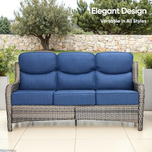 Swivel Patio Chairs sofa Set of 8 with 6" Thick Cushion - Wicker Outdoor Swivel Rocker Patio Chair ,Sofa/Glass coffee table, High Back Comfortable Outdoor Glider Chairs - Gery Wicker | Blue Cushions