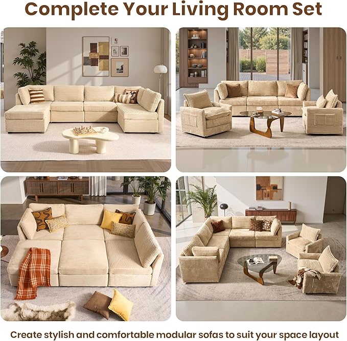 130'' Modern Modular Sectional Sofa with Ottoman, 7 Pieces L Shaped Cloud Couch for Living Room, Oversized Deep Seat Convertible Sofa Set, Plush Corduroy Beige