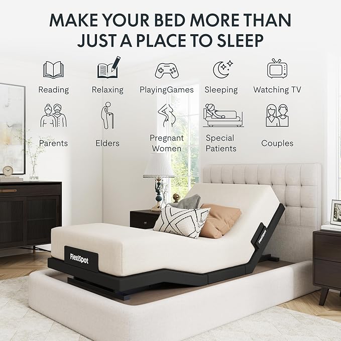 FLEXISPOT Adjustable Bed Frame Base Twin XL + 6" Cooling Gel Memory Foam Mattress, Massage, Head and Foot Incline, Zero Gravity, Zero Clearance, Under-Bed Lights, Anti-Snore, Wireless Remote