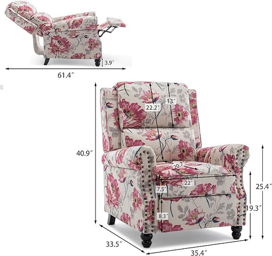 Pushback Recliner Chair, Upholstered Armchair Wingback Recliner Chair, Floral Fabric Push Back Recliner with Wood Legs, Rivet Trim Single Sofa Accent Chair for Living Room, Bedroom, Pattern White