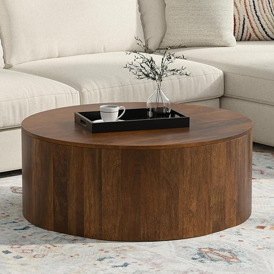 SIMPLIHOME Millbury Drum Coffee Table - 36 inch Wide Solid Mango Wood Round Living Room Table in Walnut Brown, Contemporary Cocktail Table for Family Room or Lounge with Large Surface, Assembled