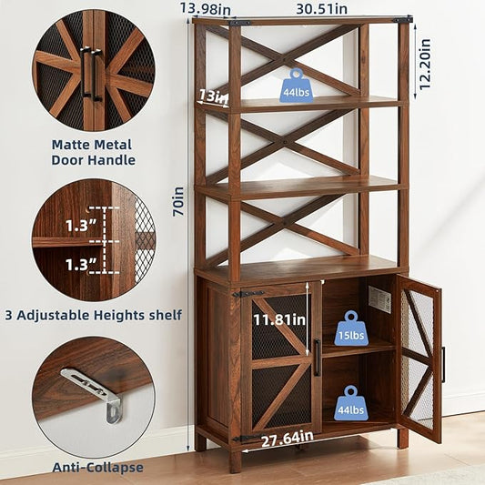 5 Tier Bookshelf 70" Tall Bookcase with Barn Doors,Large Farmhouse Display Book Shelf with Adjustable Shelves and Storage Cabinet,Library Wood Bookshelves for Living Room,Kitchen,Brown(3PCS)