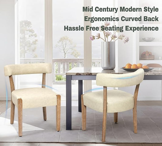 Modern Dining Chairs Set of 6, Faux Leather Upholstered Kitchen & Dining Room Chairs, Mid Century Modern Wooden Dining Chairs Oversized Sturdy Rounded Chairs Curved Back, Beige