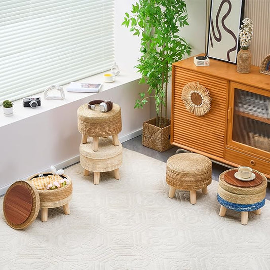 Cpintltr Storage Ottoman Poufs Handwoven Footstool Natural Seagrass Round Footrest Stool with 4 Wood Legs Soft Padded Outdoor Seat for Hallway Lounge Bedroom Garden