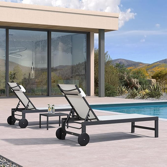 PURPLE LEAF Patio Lounge Chair Set of 3 Outdoor Chaise Lounger Aluminum Frame with Side Table and Wheels for Pool Outside Sunbathing Tanning Recliner Including Pillows White