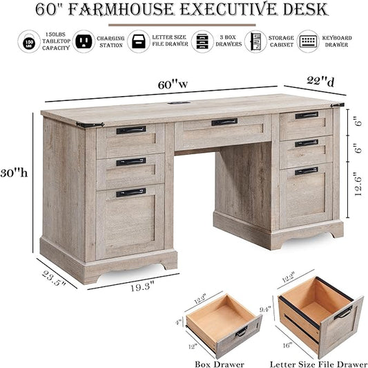 RedLemon 60" Farmhouse Executive Desk, Home Office Desk with Drawers, Charging Station, Keyboard Tray, File Drawer, Storage Cabinet, Wood Rustic Computer Writing Desk (Light Rustic Oak)