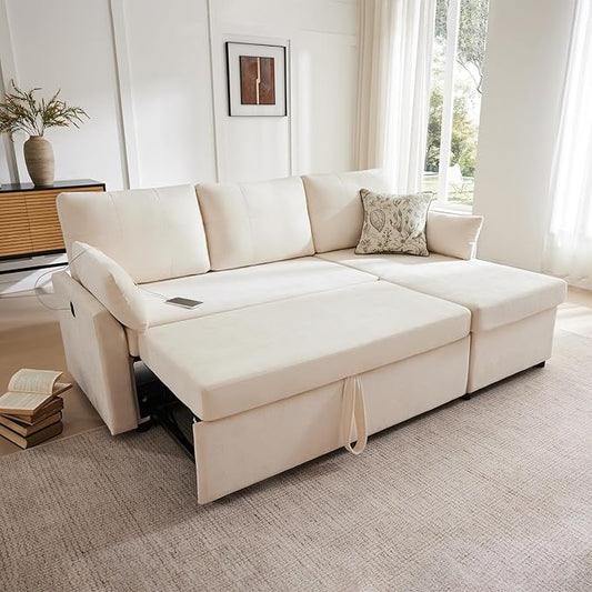 Waxberry Sectional Sofa Couch, Pull Out Couch Sleeper Sofa Bed with Storage for Living Room, Reversible Chaise, Side Pockets & Dual USB/Type-C Ports,Includes 1 Blanket, Beige