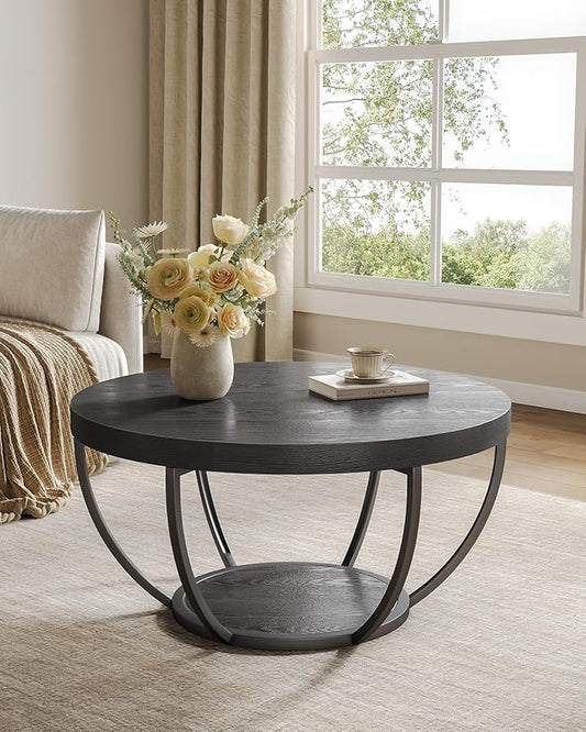 LITTLE TREE Round Coffee Table, 32" Circle Coffee Table for Living Room, 2-Tier Wood Accent Center Table with Open Storage Industrial Design Home Furniture (Black)