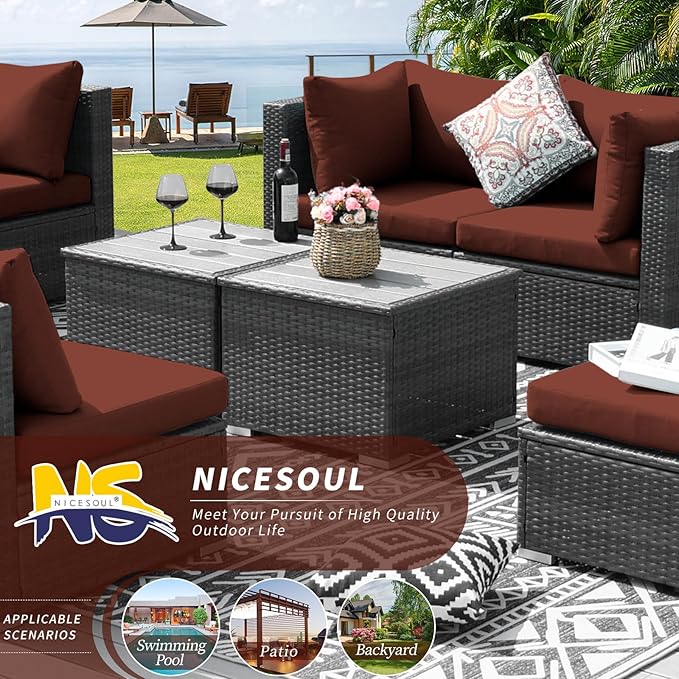 NICESOUL 11 Piece L Shape Patio Furniture Set, 29.3'' High Back Comfy Rattan Outdoor Conversations, Big Size Deep Seated Contemporary Sectionals for Backyard Deck Porch, 2 Color Cushion Red & Gray