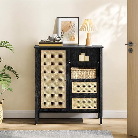 VASAGLE Boho Buffet Cabinet, Synthetic Rattan Sideboard with Drawers, Storage Cabinet with Adjustable Shelves, Ink Black UBBK242B01