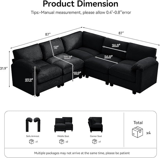 87'' V-Shaped Sectional Sofa Couch, 5-Seater Modular Couches for Living Room, Corduroy Deep Seat Cloud Sofa with Center Stitched, Black