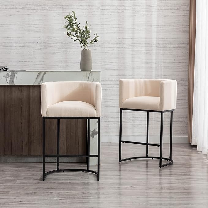 Contemporary Cream Linen Bar Stools Set of 4, 29" Upholstered Fabric Counter Height Barstools Kitchen Counter Island Stools with Screwed Together Black Metal Base