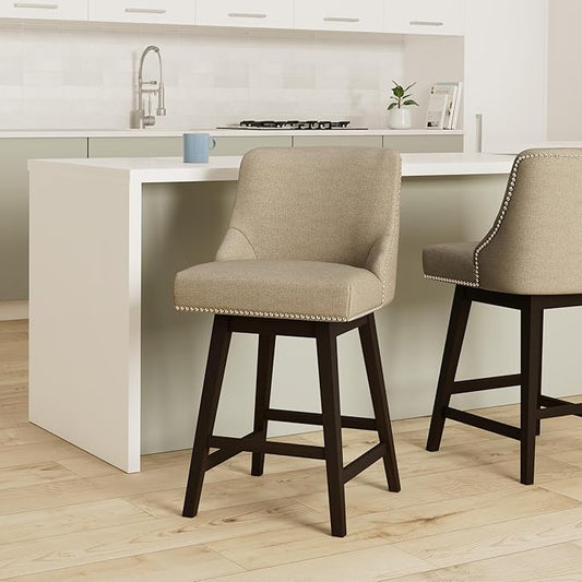 CHITA Counter Height Swivel Bar Stools, FSC Certified Upholstered Counter Stools, Modern Swivel Barstools with Wood Legs for Kitchen Island, 26" Seat Height, Fabric in Tan