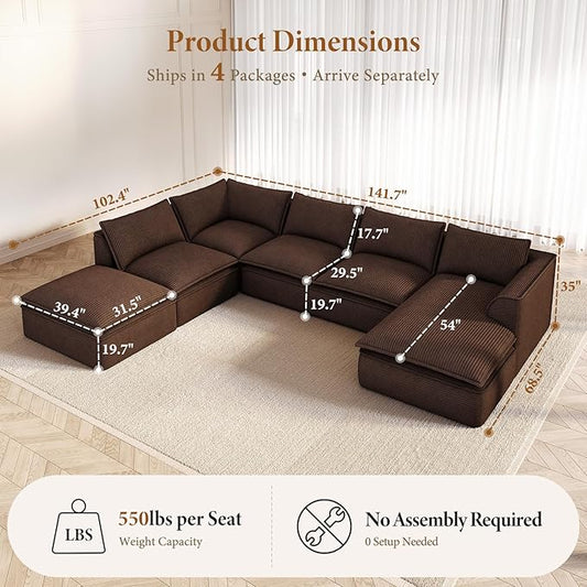 Vesgantti 141.7" Oversized Boneless Sectional Couch, Modern 7 Seater Modular Sofa with Chaise & Ottoman, Deep Seat Corduroy Cloud Couches for Living Room, No Assembly Required, Dark Brown