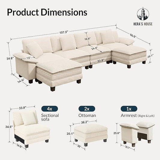 HERA'S HOUSE Oversized Modular Sectional Sofa, 158" U Shaped Cloud Couch with Ottoman and Throw Pillow, Mixed Fabric Sleek Couches for Living Room, Beige