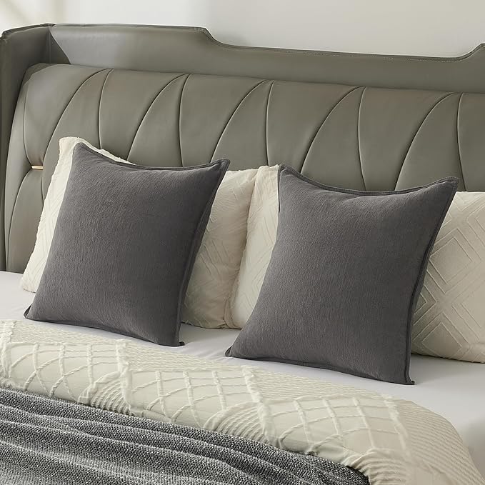 FUTEI Dark Grey Chenille Throw Pillow Covers 26x26 Inch Set of 2,Edges Double-Stitched Euro Pillow Shams,Modern Home Decor for Couch Living Room