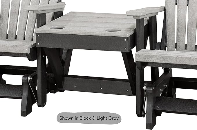 DutchCrafters Slat Fan Back Double Poly Adirondack Glider Outdoor Patio Chairs with Center Table (Black & Weatherwood)