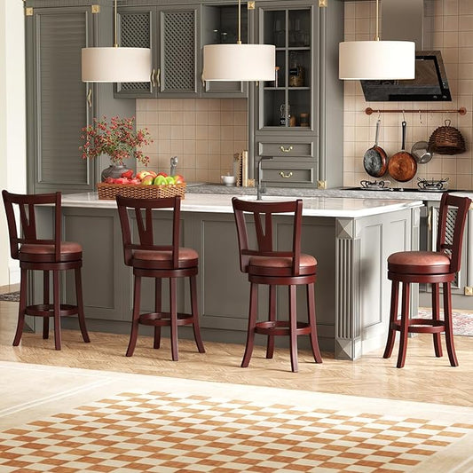 COSTWAY Barstools Set of 4, Faux Leather Upholstered Bar Stools with High Backs and Footrests, Armless Kitchen Island Dining Chairs with Solid Wood Legs, Cappuccino (4, 26'' Seat Height)