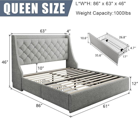 Queen Size Bed Frame with 4 Storage Drawers & Charging Station, Linen Upholstered Platform Bedframe, Button Tufted Wingback Headboard, Sturdy Wooden Slats, No Box Spring Needed, Light Grey