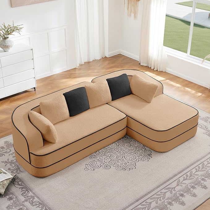 Cloud Sectional Sofa Modern Boneless Couch for Living Room, Comfy Deep Seat Comfy Teddy Fabric Double Sofa Chaise No Assembly Required (Camel, 106" L Shape with Right Facing)