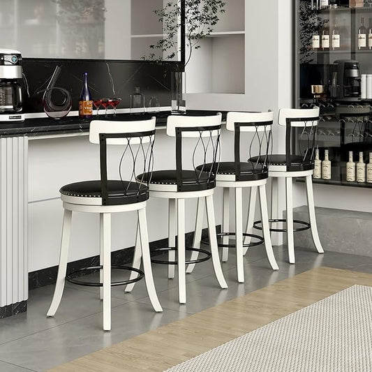 COSTWAY Bar Stools Set of 4, 26” Seat Height Swivel Barstools with Ergonomic Backrest, Soft Cushion & Footrest, Rubber Wood Counter Height Bar Chairs Upholstered Dining Chairs for Kitchen Island