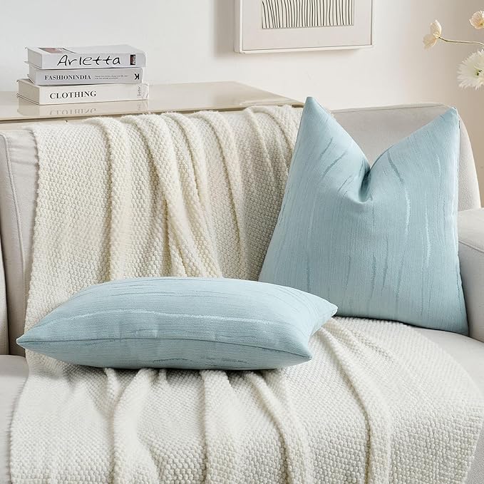 FUTEI Light Blue Chenille Decorative Throw Pillow Covers 22x22 Inch Set of 2,Soft Embossed Striped Textured Cushion Case,Modern Home Decor for Couch Bed Living Room